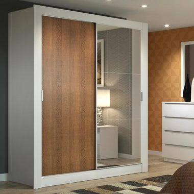 Clóset Soltero 117 cm 2 Puertas Corredizas Con 1 Espejo 2 Cajones Blanco/Marrón Dallas Madesa