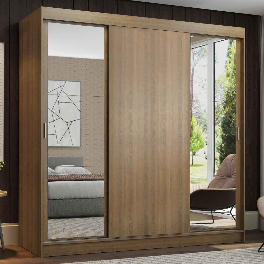 Clóset Matrimonial 180 cm 3 Puertas Corredizas Con 2 Espejos Marrón Reno Madesa