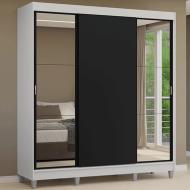 Clóset Matrimonial 180 cm 3 Puertas Corredizas Con 2 Espejos Blanco/Negro Reno Madesa