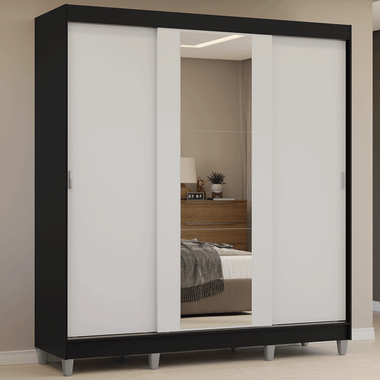 Clóset Matrimonial 180 cm 3 Puertas Corredizas Con 1 Espejo Negro/Blanco Reno Madesa