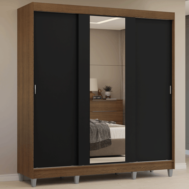Clóset Matrimonial 180 cm 3 Puertas Corredizas Con 1 Espejo Marrón/Negro Reno Madesa