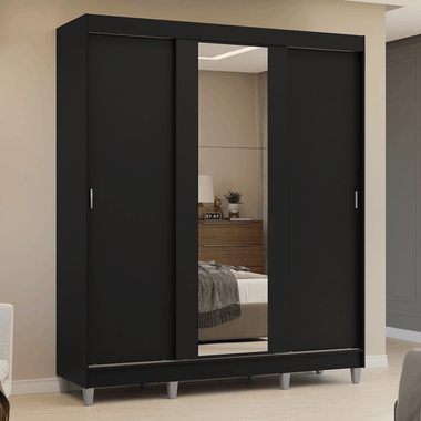 Clóset Matrimonial 180 cm 3 Puertas Corredizas Con 1 Espejo Negro Reno Madesa