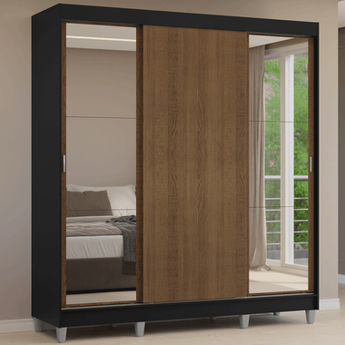Clóset Matrimonial 180 cm 3 Puertas Corredizas Con 2 Espejos Negro/Marrón Reno Madesa