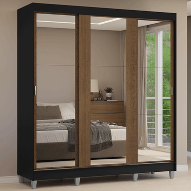 Clóset Matrimonial 180 cm 3 Puertas Corredizas Con 3 Espejos Negro/Marrón Reno Madesa