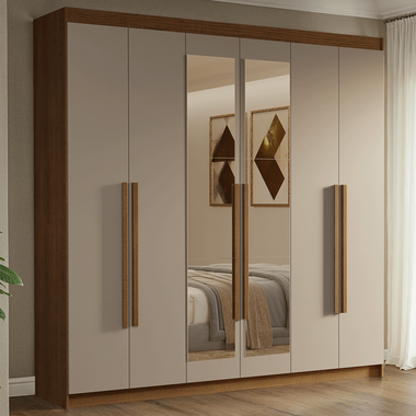 Clóset Matrimonial 180 cm 6 Puertas Con 2 Espejos Marrón/Crema Venus Madesa