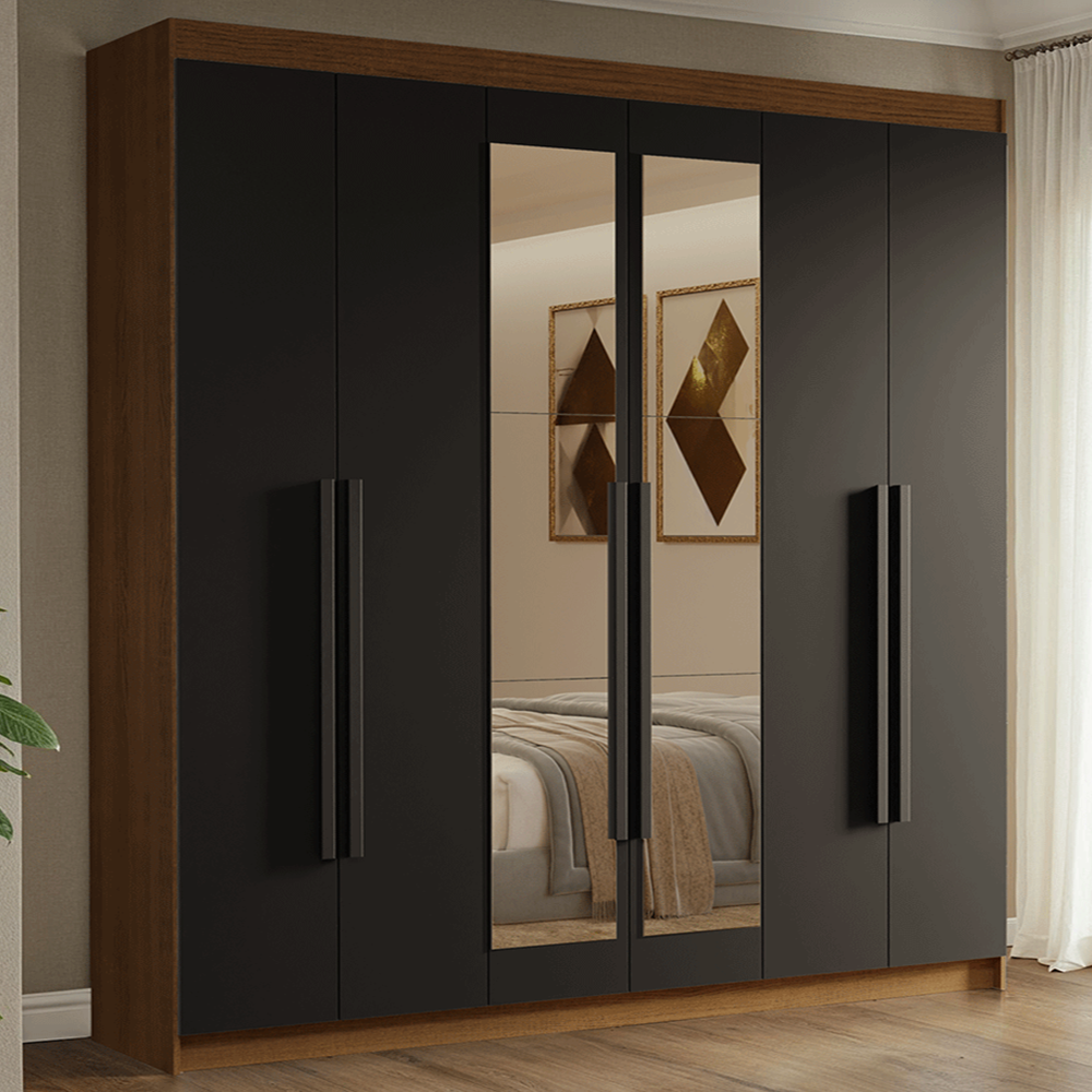Clóset Matrimonial Venus 6 Puertas Batientes con Espejo Marrón/Negro/Negro