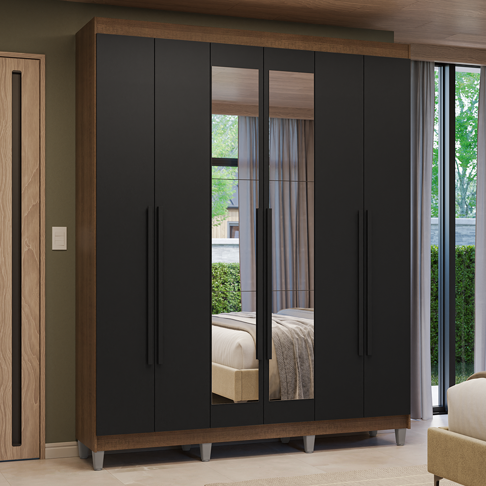 Clóset Matrimonial Venus 6 Puertas Batientes con Espejo con Patas Marrón/Negro/Negro
