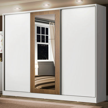 Clóset Matrimonial 231 cm 3 Puertas Corredizas Con 1 Espejo 100% MDF Blanco/Blanco/Marrón Eros Madesa