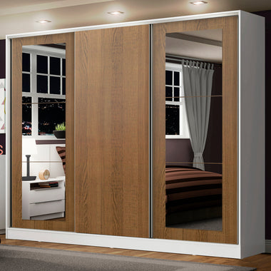 Clóset Matrimonial 231 cm 3 Puertas Corredizas Con 2 Espejos 100% MDF Blanco/Marrón Eros Madesa