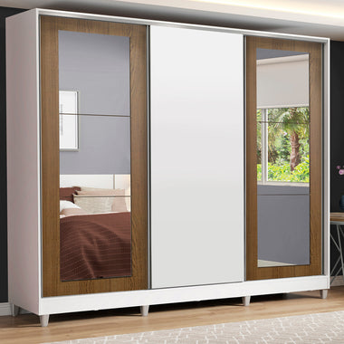 Clóset Matrimonial 231 cm 3 Puertas Corredizas Con 2 Espejos 100% MDF Blanco/Marrón Eros Madesa