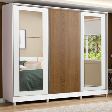 Clóset Matrimonial 231 cm 3 Puertas Corredizas Con 2 Espejos 100% MDF Blanco/Marrón Eros Madesa