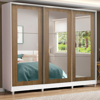 Clóset Matrimonial 231 cm 3 Puertas Corredizas Con 3 Espejos 100% MDF Blanco/Marrón Eros Madesa