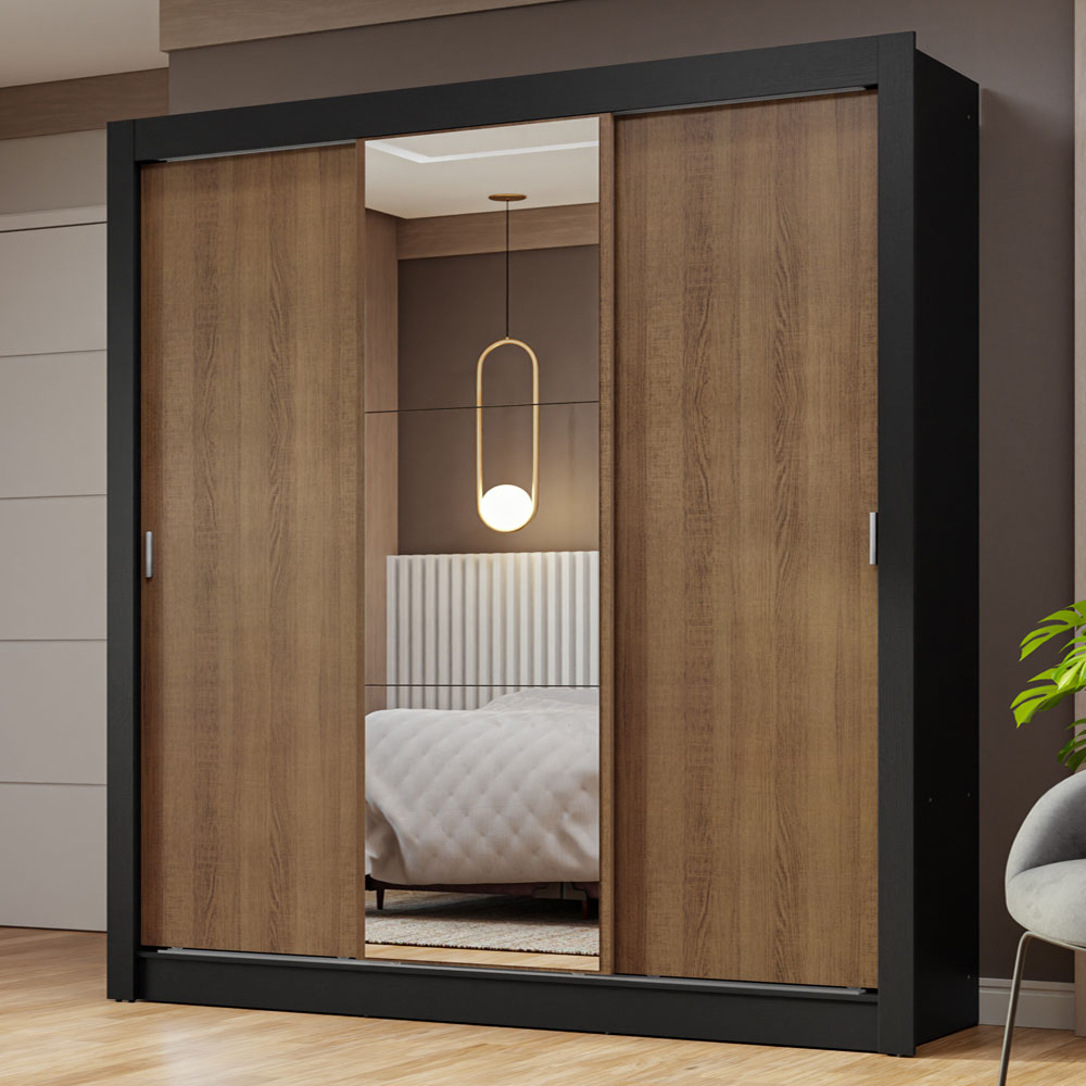 Clóset Matrimonial 170 cm 3 Puertas Corredizas Con 1 Espejo Negro/Marrón Nobre Madesa