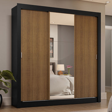 Clóset Matrimonial 170 cm 3 Puertas Corredizas 4 Cajones Con 1 Espejo Negro/Marrón Sublime Madesa