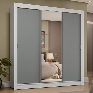 Clóset Matrimonial 170 cm 3 Puertas Corredizas 4 Cajones Con 1 Espejo Blanco/Gris Sublime Madesa