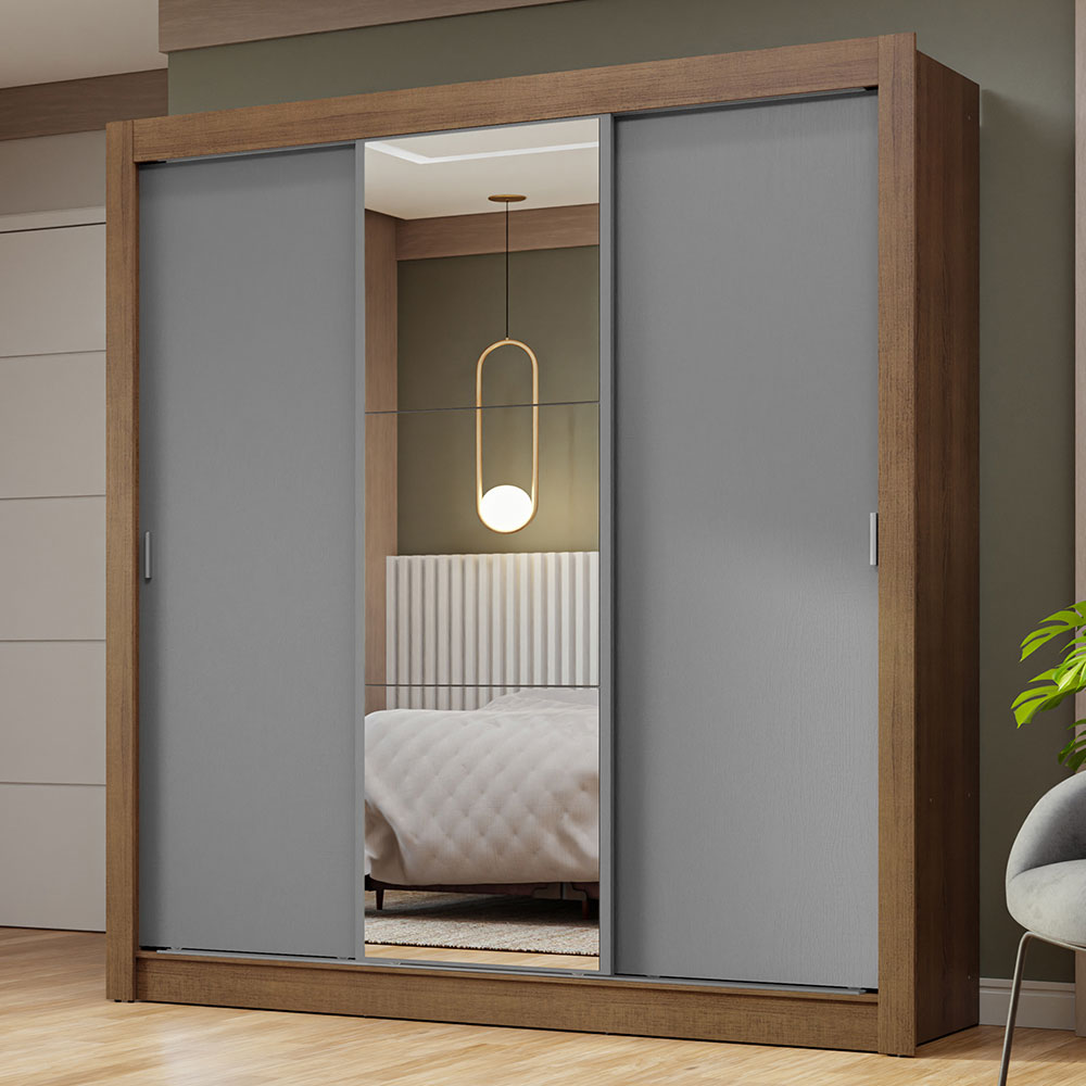 Clóset Matrimonial 170 cm 3 Puertas Corredizas Con 1 Espejo Marrón/Gris Nobre Madesa