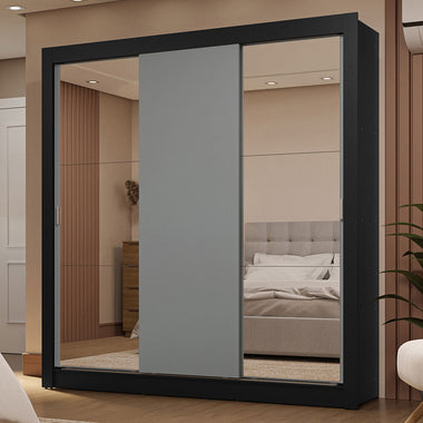 Clóset Matrimonial 170 cm 3 Puertas Corredizas Con 2 Espejos 2 Cajones Negro/Gris Sublime Madesa