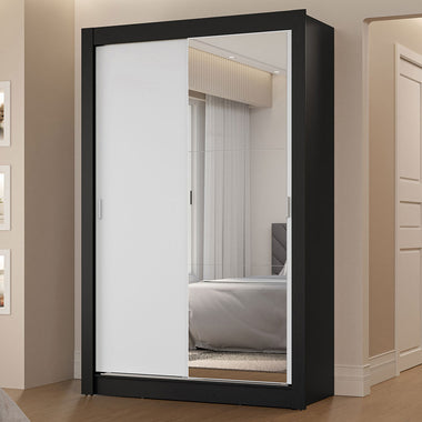 Clóset Soltero 117 cm 2 Puertas Corredizas Con 1 Espejo 2 Cajones Negro/Blanco Vivare Madesa