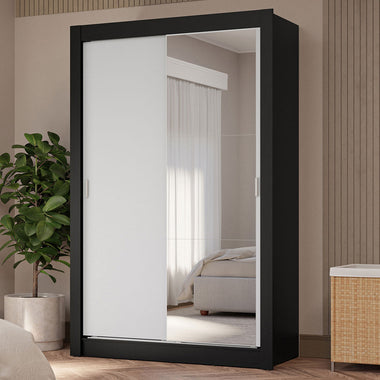 Clóset Soltero 117 cm 2 Puertas Corredizas Con 1 Espejo 4 Cajones Negro/Blanco Vivare Madesa