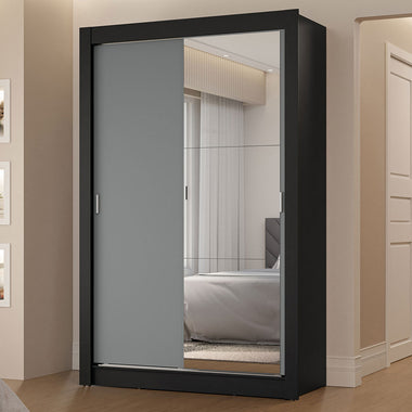 Clóset Soltero 117 cm 2 Puertas Corredizas Con 1 Espejo 2 Cajones Negro/Gris Vivare Madesa