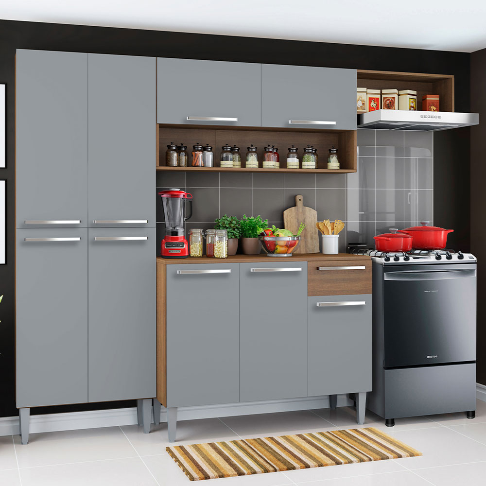 Cocina Compacta 229 cm 9 Puertas 1 Cajón Marrón/Gris Emilly Madesa 09