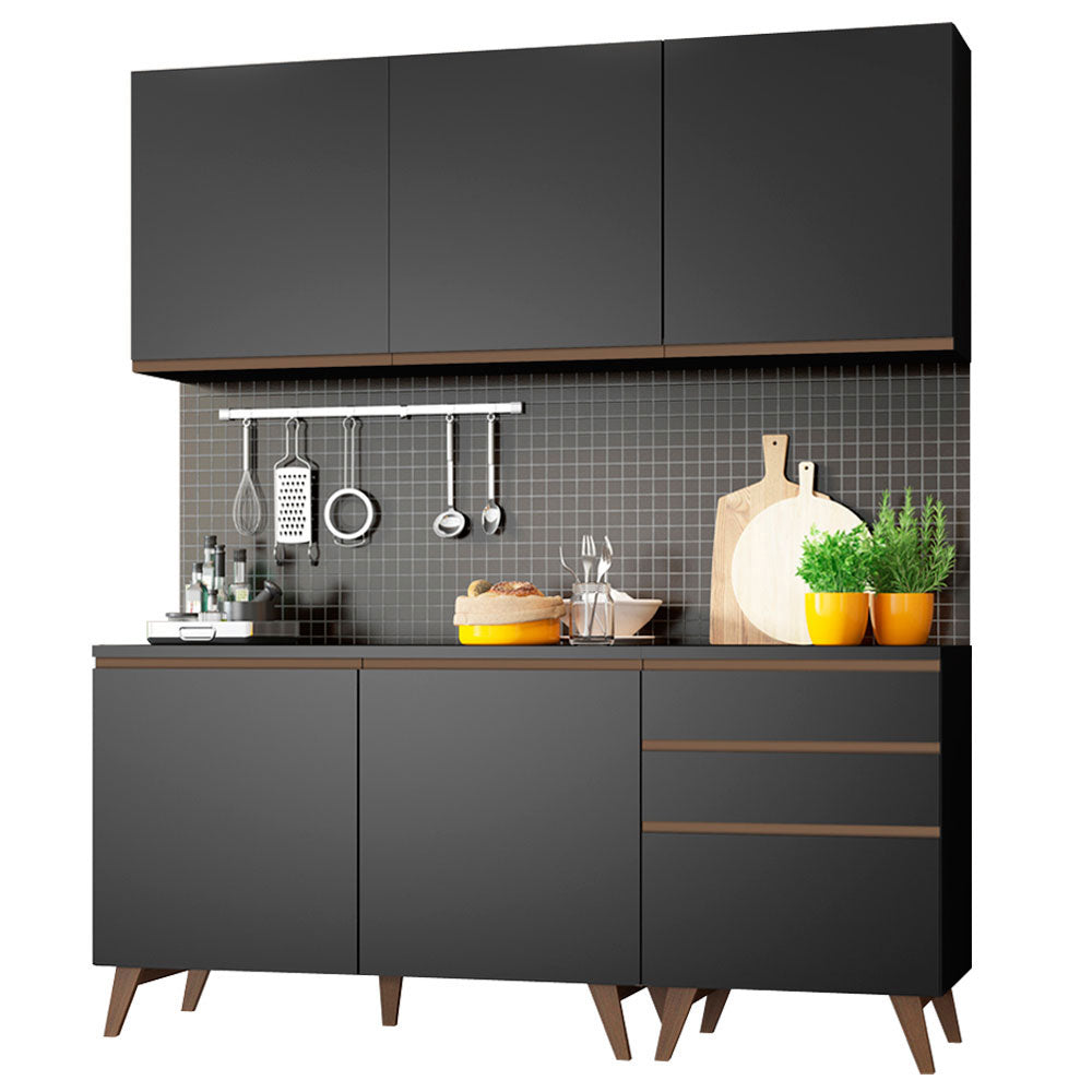 Cocina Compacta 180 x 52 cm 5 Puertas 3 Cajones Negro Reims Madesa