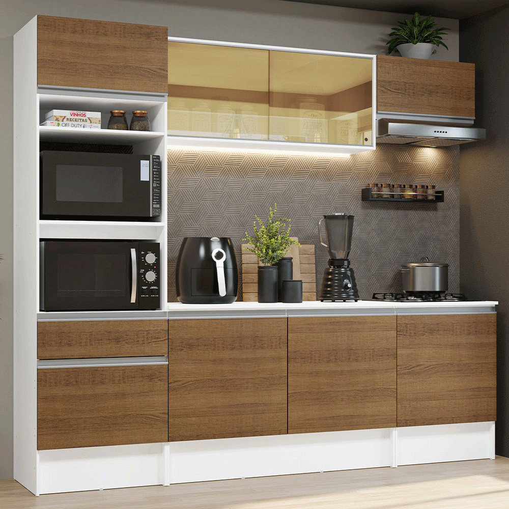 Cocina Compacta 240 x 52 cm 8 Puertas 1 Cajón con Mueble para Horno Blanco/Marrón Diamante Madesa