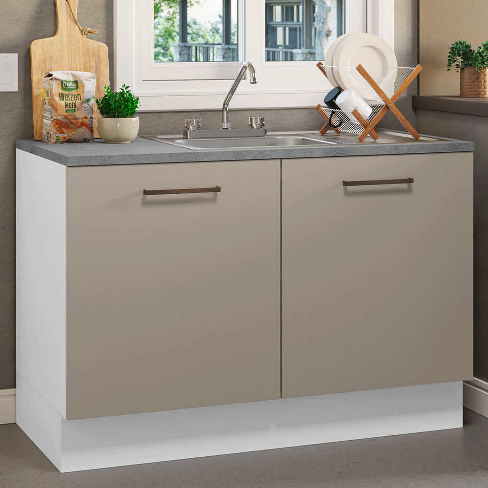 Gabinete Bajo para Fregadero con Accesorios de Cocina 120 x 60 cm 2 Puertas (Con Encimera) Agata Blanco/Crema