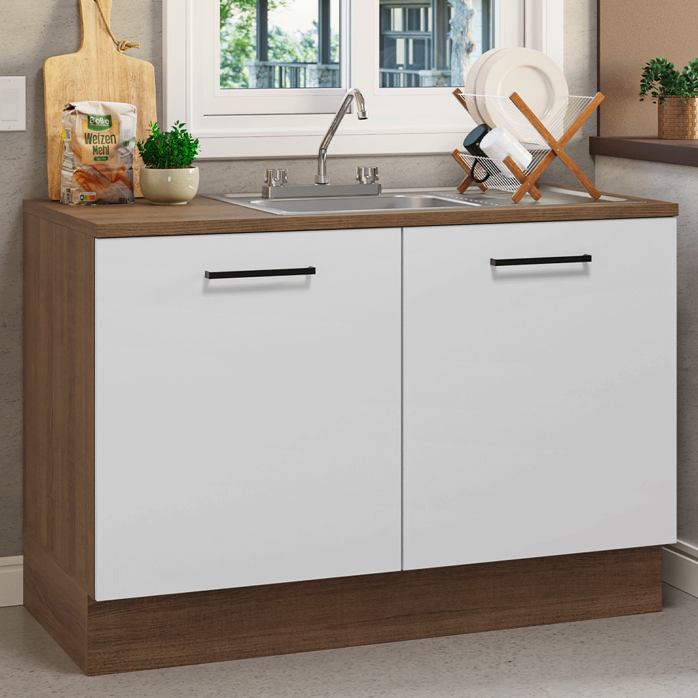 Gabinete Bajo para Fregadero con Accesorios de Cocina 120 x 60 cm 2 Puertas (Con Encimera) Agata Marrón/Blanco