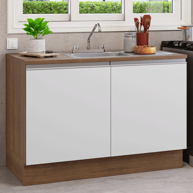 Gabinete Bajo para Fregadero con Accesorios de Cocina 120 cm 2 Puertas Marrón/Blanco Glamy Madesa
