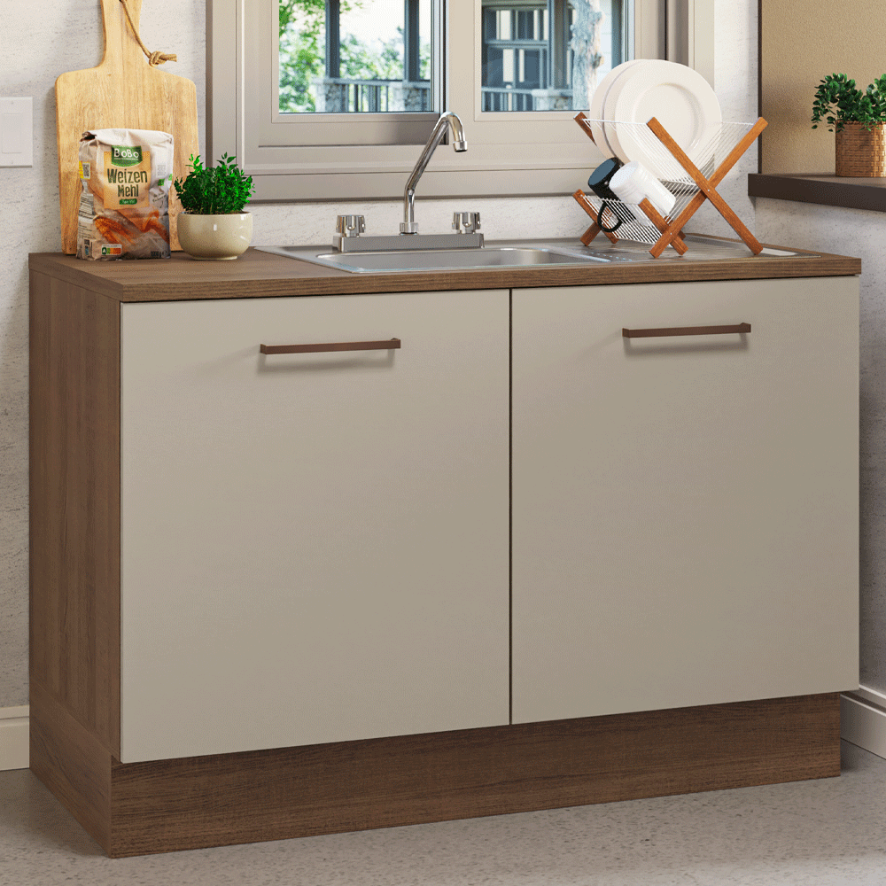 Gabinete Bajo para Fregadero con Accesorios de Cocina 120 x 60 cm 2 Puertas (Con Encimera) Agata Marrón/Crema