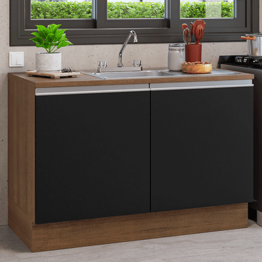 Gabinete Bajo para Fregadero con Accesorios de Cocina 120 cm 2 Puertas Marrón/Negro Glamy Madesa