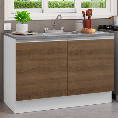 Gabinete Bajo para Fregadero con Accesorios de Cocina 120 cm 2 Puertas Blanco/Marrón Glamy Madesa