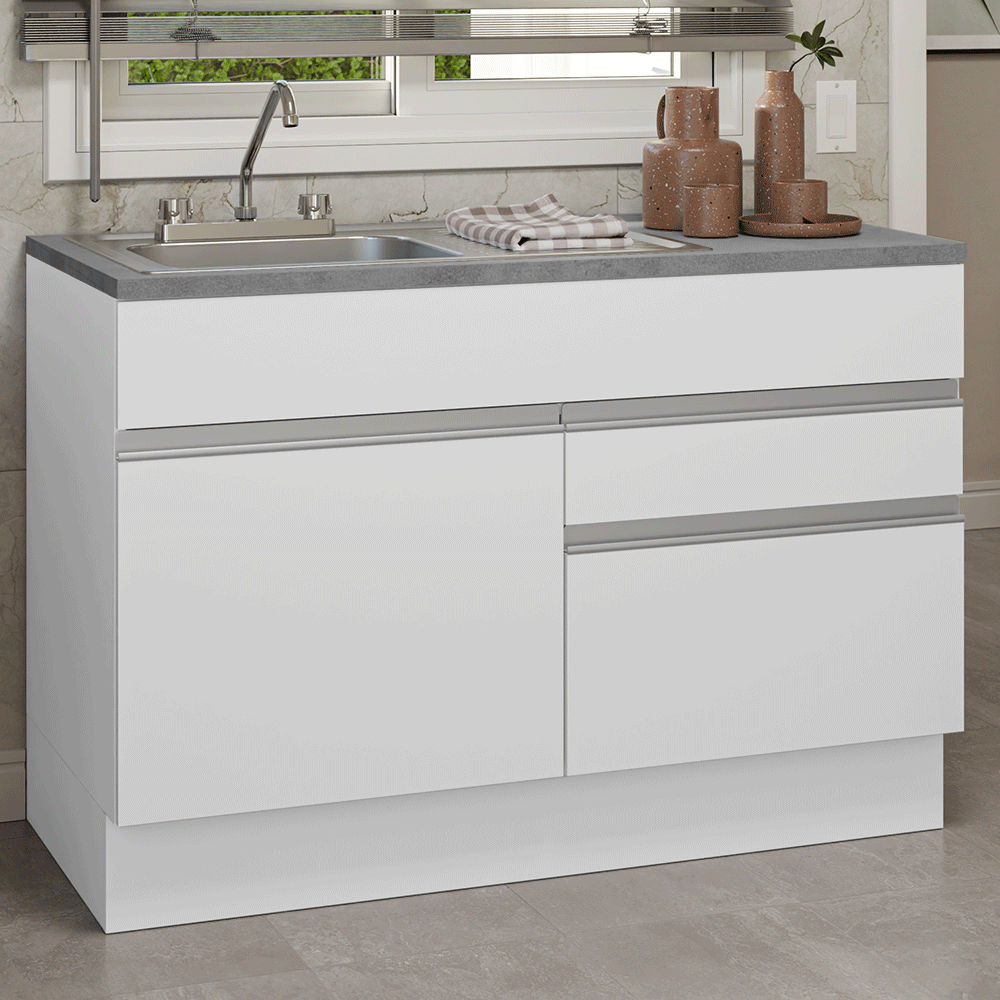 Gabinete Bajo para Fregadero con Accesorios de Cocina 120 cm 1 Puerta 2 Cajones Blanco Glamy Madesa