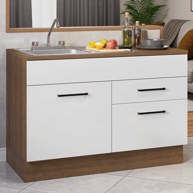Gabinete Bajo para Fregadero con Accesorios de Cocina 120 cm 1 Puerta 2 Cajones Marrón/Blanco Agata Madesa