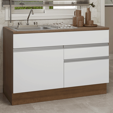 Gabinete Bajo para Fregadero con Accesorios de Cocina 120 cm 1 Puerta 2 Cajones Marrón/Blanco Glamy Madesa
