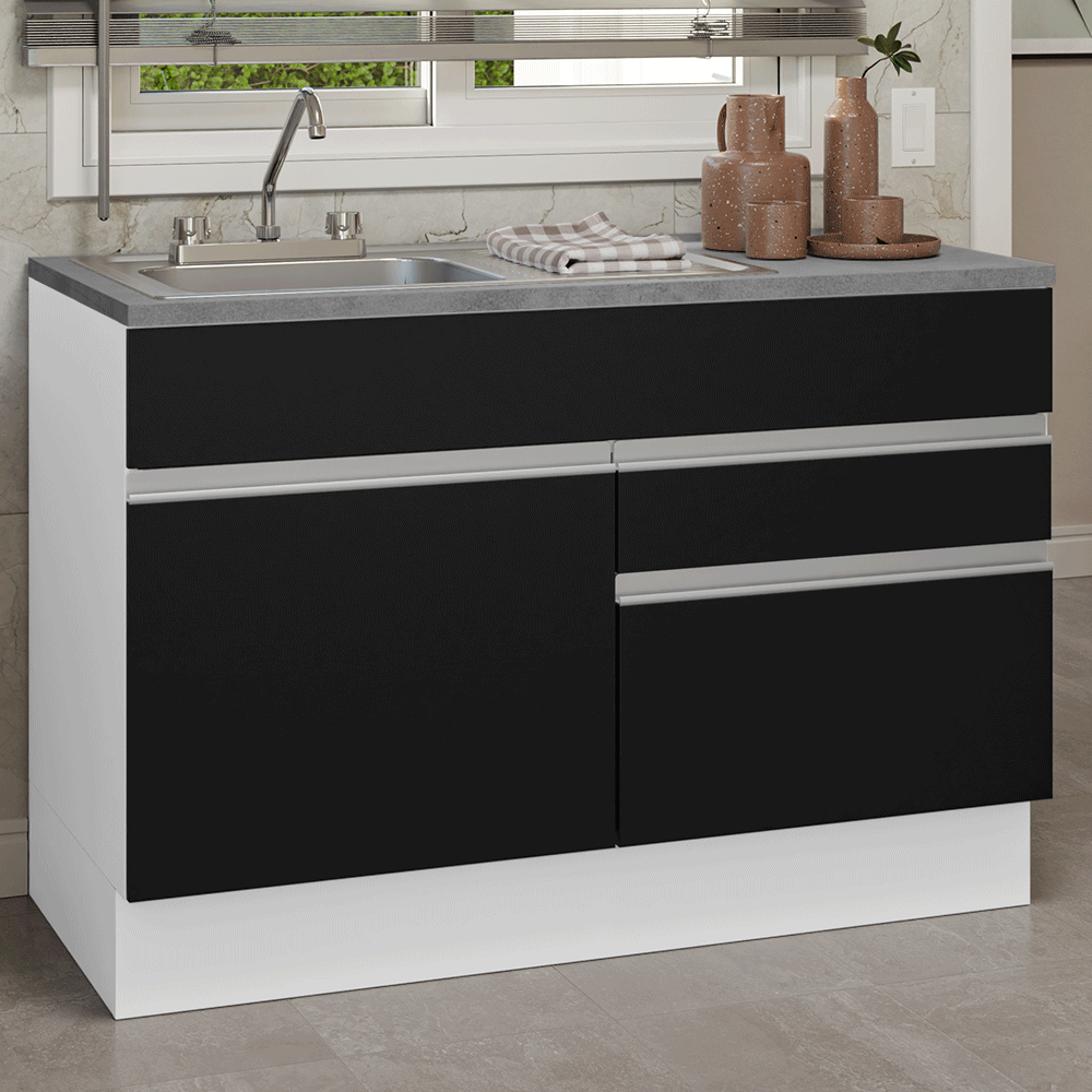 Gabinete Bajo para Fregadero con Accesorios de Cocina 120 x 60 cm 1 Puerta 2 Cajones (Con Encimera) Glamy Blanco/Negro