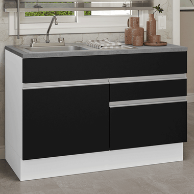 Gabinete Bajo para Fregadero con Accesorios de Cocina 120 cm 1 Puerta 2 Cajones Blanco/Negro Glamy Madesa