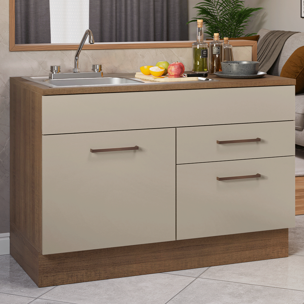 Gabinete Bajo para Fregadero con Accesorios de Cocina 120 cm 1 Puerta 2 Cajones Marrón/Crema Agata Madesa