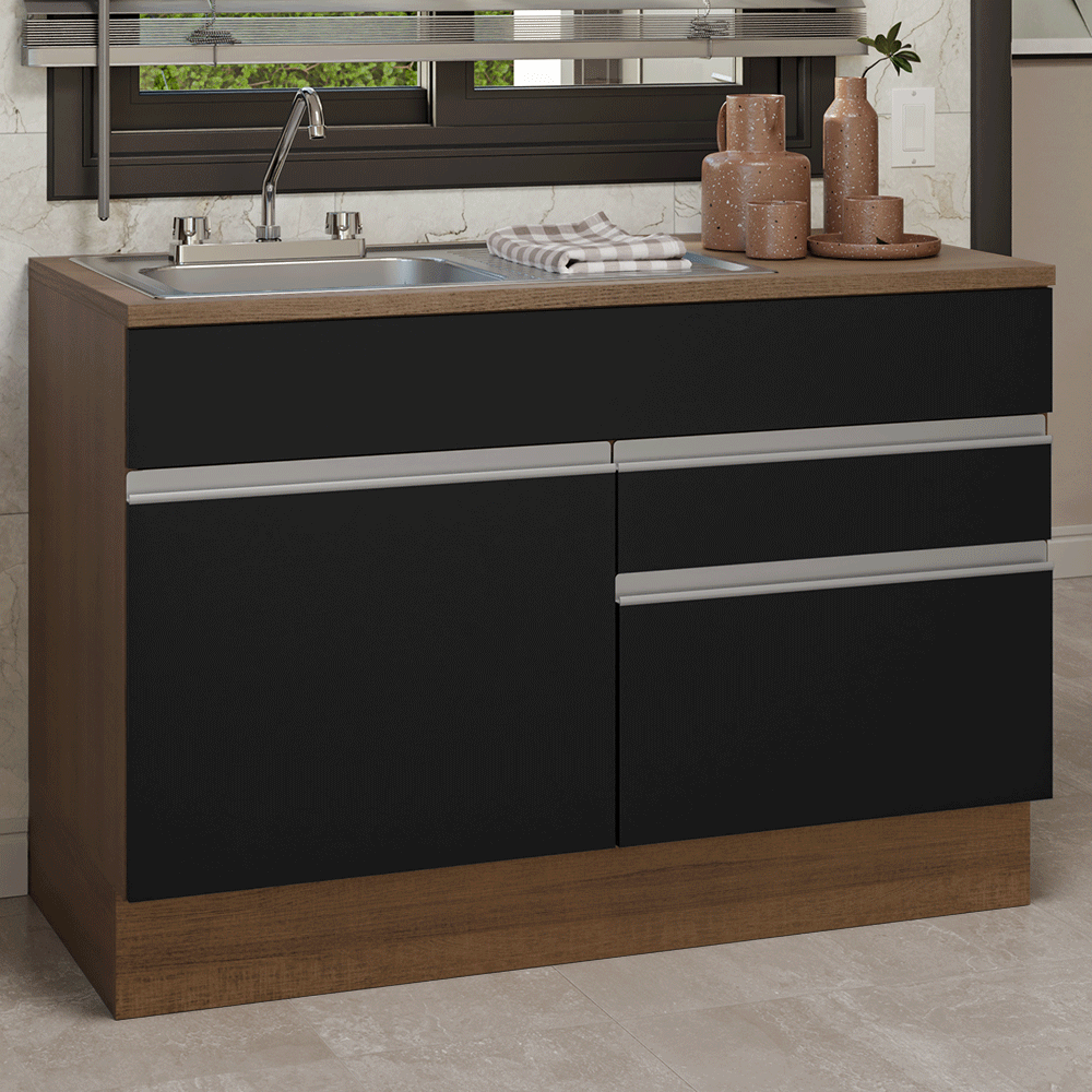Gabinete Bajo para Fregadero con Accesorios de Cocina 120 cm 1 Puerta 2 Cajones Marrón/Negro Glamy Madesa