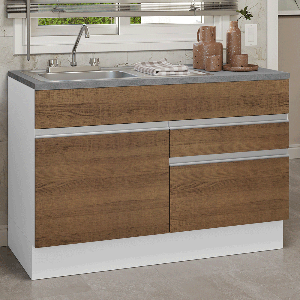Gabinete Bajo para Fregadero con Accesorios de Cocina 120 cm 1 Puerta 2 Cajones Blanco/Marrón Glamy Madesa