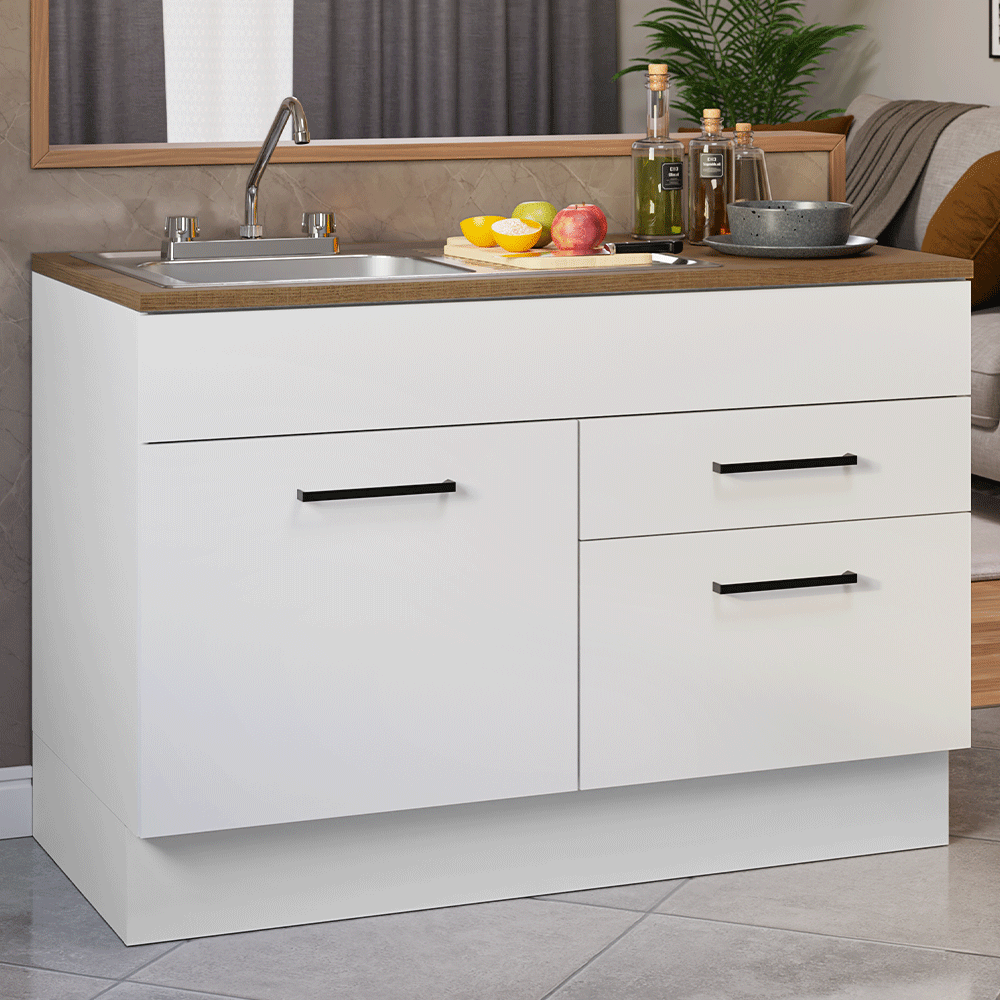 Mueble de Cocina con Fregadero 120 cm 1 Puerta y 2 Cajones Blanco/Marrón Agata