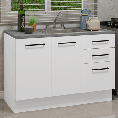 Gabinete Bajo para Fregadero con Accesorios de Cocina 120 cm 2 Puertas 3 Cajones Blanco Agata Madesa