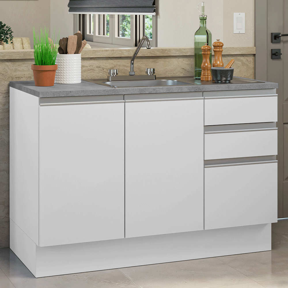 Gabinete Bajo para Fregadero con Accesorios de Cocina 120 x 60 cm 2 Puertas 3 Cajones (Con Encimera) Glamy Blanco