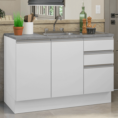 Gabinete Bajo para Fregadero con Accesorios de Cocina 120 cm 2 Puertas 3 Cajones Blanco Glamy Madesa