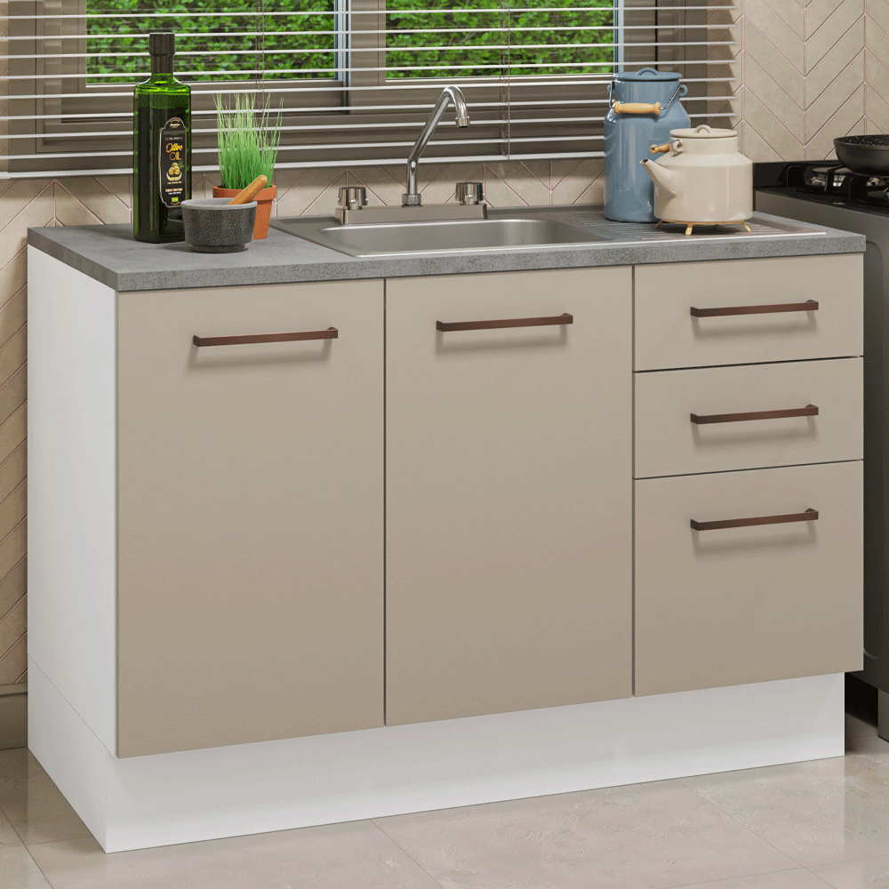 Gabinete Bajo para Fregadero con Accesorios de Cocina 120 cm 2 Puertas 3 Cajones Blanco/Crema Agata Madesa