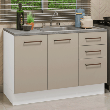 Gabinete Bajo para Fregadero con Accesorios de Cocina 120 cm 2 Puertas 3 Cajones Blanco/Crema Agata Madesa