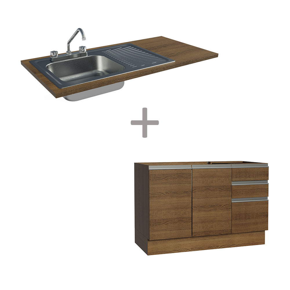 Gabinete Bajo para Fregadero con Accesorios de Cocina 120 cm 2 Puertas 3 Cajones Marrón Glamy Madesa