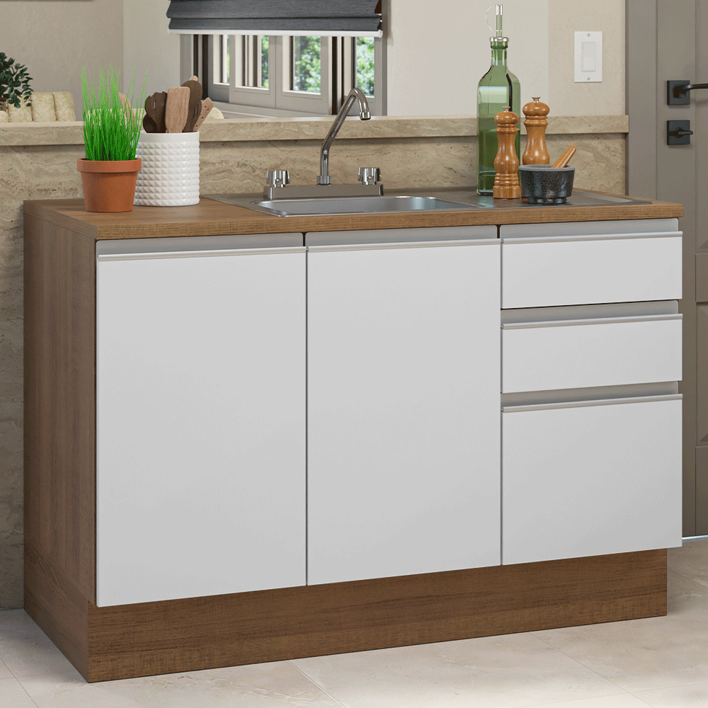 Gabinete Bajo para Fregadero con Accesorios de Cocina 120 x 60 cm 2 Puertas 3 Cajones (Con Encimera) Glamy Marrón/Blanco
