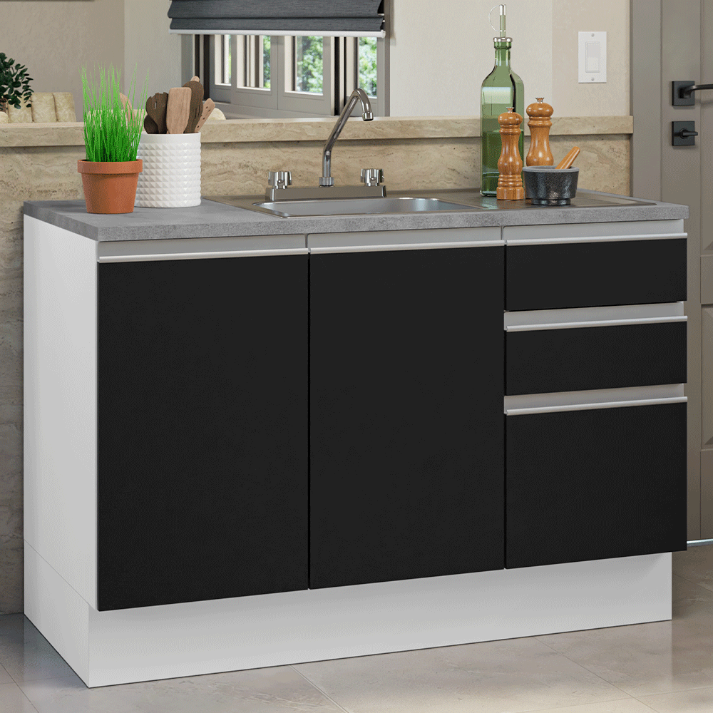 Gabinete Bajo para Fregadero con Accesorios de Cocina 120 x 60 cm 2 Puerta 3 Cajones (Con Encimera) Glamy Blanco/Negro